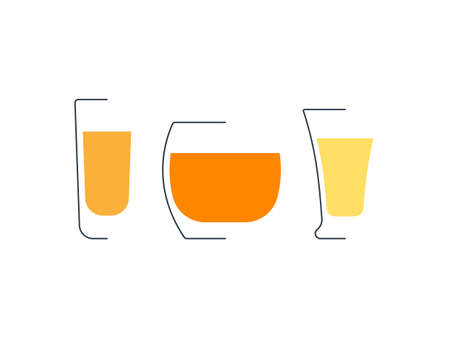 Rum whiskey and tequila glass in minimalist linear style. Contour of glassware on left side in form of fine black line. Drink is depicted in form of shape with colored fill. Isolated image on white backdrop.のイラスト素材