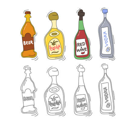Beer, tequila, red wine, vodka bottle on white background. Two kinds beverage. Cartoon sketch. Doodle style with black contour line. Colored hand drawn object. Party drinks concept. Freehand drawing styleのイラスト素材