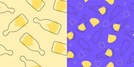 Rum bottles with alcohol drop seamless pattern. Line art style. Outline image. Two repeat template. Party drinks. Color Illustration on white background. Flat design style for any purposes.のイラスト素材