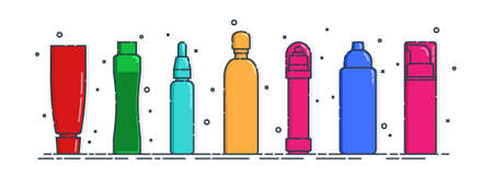 Cosmetic container. Body care hygiene. Set blank package bottle. Seven plastic makeup jar product. Color beauty medicine package. Oil, gel, shampoo. Treatment mockup design. Outline object.のイラスト素材