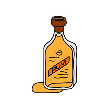 Rum glass bottle outline icon on white background. Colored cartoon sketch graphic design. Doodle style. Hand drawn image. Party drinks concept. Freehand drawing style.のイラスト素材