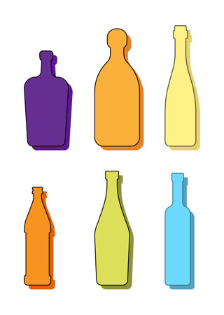 Set drinks. Alcoholic bottle. Liquor tequila champagne beer vermouth vodka. Simple shape isolated with shadow and light. Colored illustration on white background. Flat design style.のイラスト素材