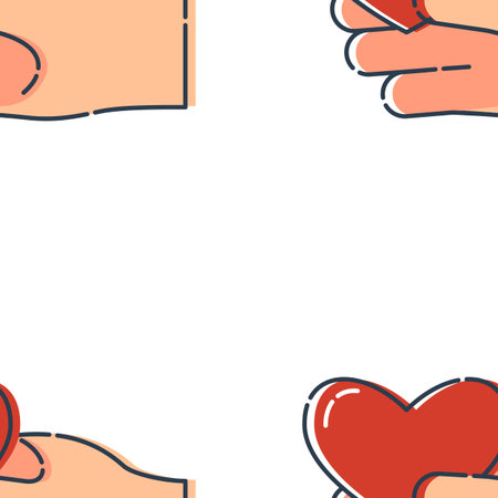 Line art seamless pattern with human hand hold of a red heart on white background. Romance graphic...