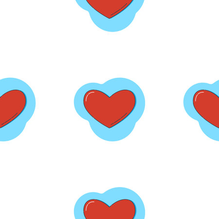 Line art seamless pattern in the form of a red heart on blue figure. Romance graphic texture....