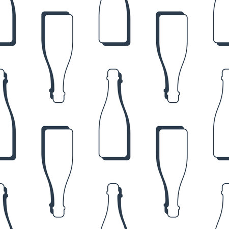 Champagne bottles seamless pattern. Line art style. Outline image. Black and white repeat template. Party drinks concept. Illustration on white background. Flat design style for any purposes.のイラスト素材