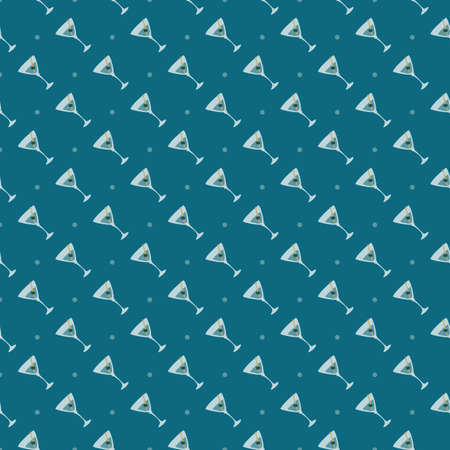 Martini glass with olive and skewer seamless pattern. Doodle style. Color hand drawn image. Repeat template. party drinks concept. freehand drawing. Cartoon sketch graphic design.のイラスト素材