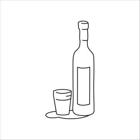Vodka bottle and glass outline icon on white background. Black white cartoon sketch graphic design. Doodle style. hand drawn image. party drinks concept. free hand drawing style.のイラスト素材