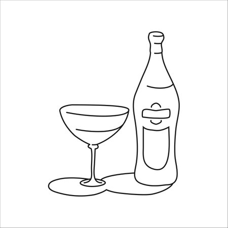 Vermouth bottle and glass outline icon on white background. Black white cartoon sketch graphic design. Doodle style. hand drawn image. party drinks concept. free hand drawing style.のイラスト素材