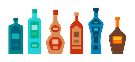 Set bottles of gin vodka whiskey brandy tequila liquor. Icon bottle with cap and label. Graphic design for any purpose. flat style. colorform. party drink concept. Simple image shape.のイラスト素材
