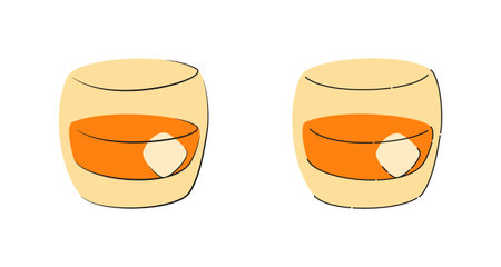 Whiskey glass with ice on white background. Cartoon sketch graphic design. flat style. Colored hand drawn image. Party drink concept for restaurant, cafe, party. freehand drawing style.のイラスト素材