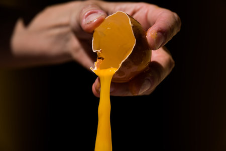 woman's hands playing with a waterfall of egg yolk and egg white, with black background, concept of food, protein, health.の写真素材