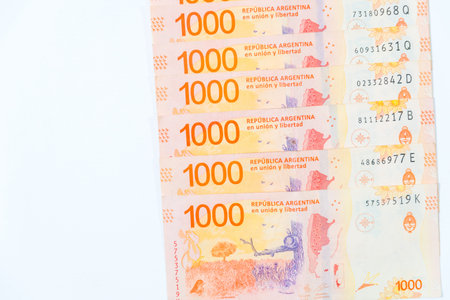 six one thousand Argentinean peso bills, white background, copy space, business concept, earn money