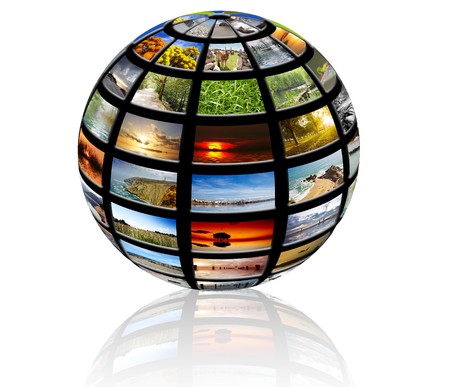 sphere with pictures over a white backgroundの写真素材