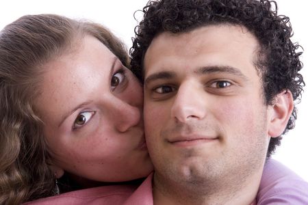 young couple together portrait isolated on whiteの写真素材