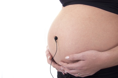 baby listen to musicの写真素材