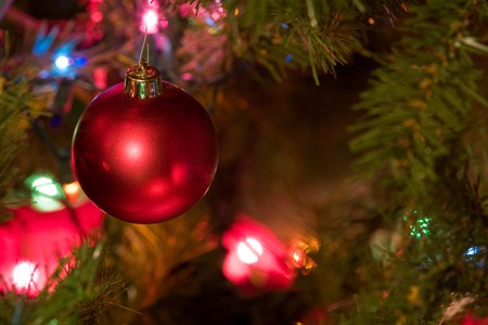 Horizontal Photo of a Red Christmas Bulb with blurred Colored Lights hanging on Tree branchの写真素材