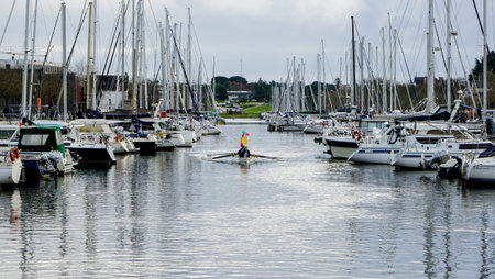 Marina in Brittany, sailing and regatta boats. Concept of tourism.