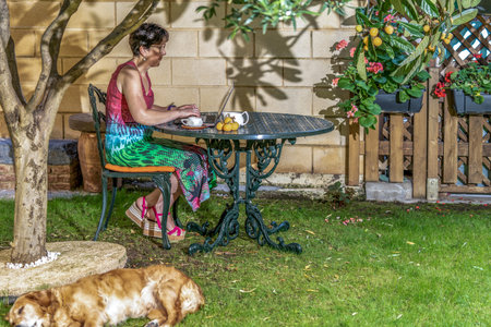 woman teleworking in her country house in virus pandemic