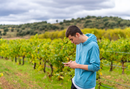 Young man wearing a blue sweatshirt and holding a mobile phone in the field