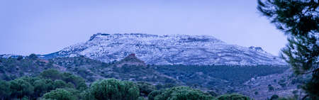 snowy mountain with pine trees, rocksの写真素材