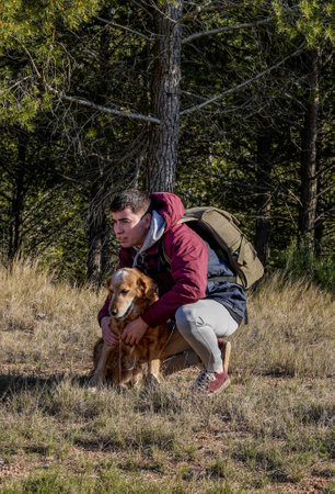 Young boy in pandemic running with his dogs through green fieldsの写真素材