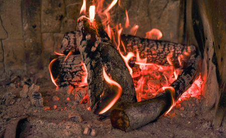 Embers of fire burning in wood cooker