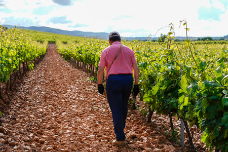Adult farmer walking towards his day's work guarding the vineyards dressed in shirt, trousers and gloves.の写真素材