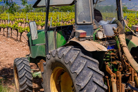 Vine grower with a tractor working to control weeds, insects and vine pests