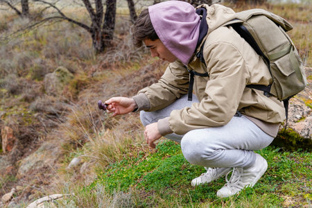 Young hiker examining and smelling a wild purple mushroom in the forest, mycological exploration in autumn nature.の写真素材