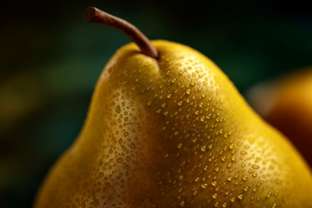 Ripe yellow pear with water drops on a dark background close upの写真素材