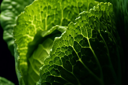 Close-up of fresh green savoy cabbage leaves on black backgroundの写真素材
