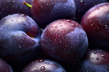 Fresh plums with water drops. Close-up. Background.の写真素材