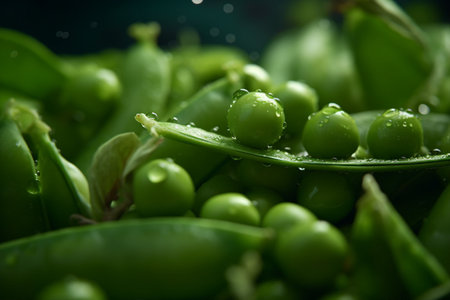 Fresh green peas with water droplets on the surface, selective focusの写真素材