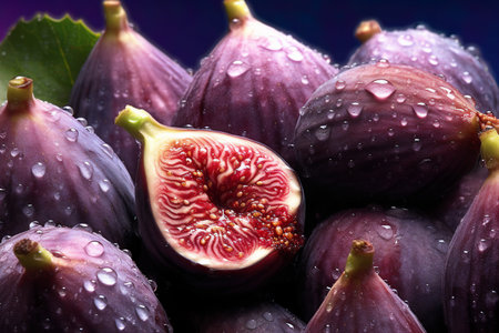 Fresh figs with water drops on dark background. Close up.の写真素材