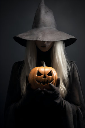 Portrait of a girl in a witch costume with a pumpkin on a dark backgroundの写真素材