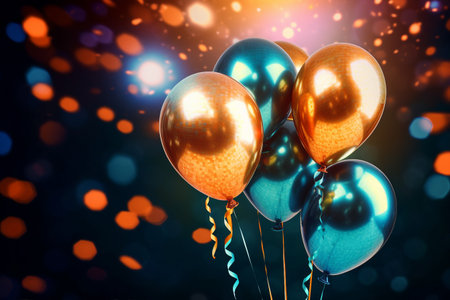 Celebration background with golden and blue balloons. 3D renderingの写真素材