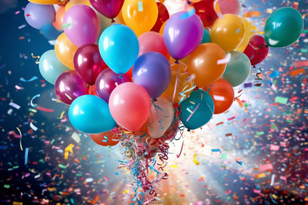 Colorful balloons and confetti with ribbons on blue sky background