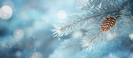 Fir tree branch with cone on blue bokeh background, banner