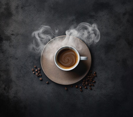 Cup of coffee on stone background. Top view with copy spaceの素材