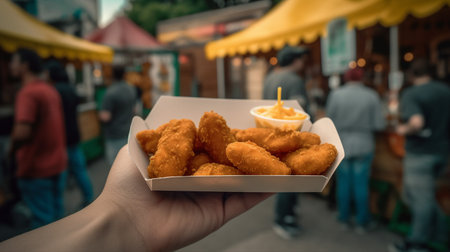 Fried chicken nuggets in a paper box on the street food festivalの素材