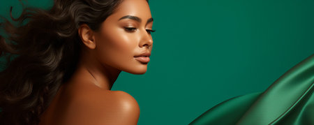 beautiful young African American woman with green satin clothの素材