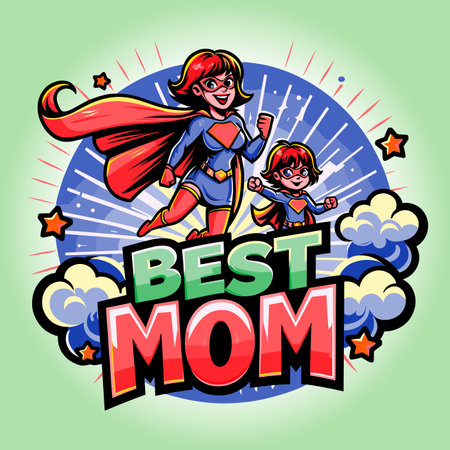 Super mom with her daughter in a superhero costume. Vector illustration.のイラスト素材