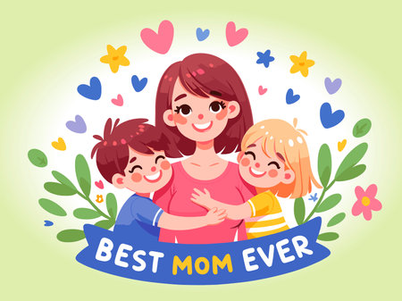 Best Mom Ever greeting card with mother and her kids, vector illustrationのイラスト素材