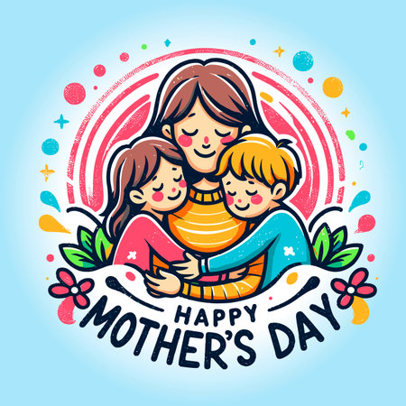 Mothers day greeting card with mom and children, vector illustration.のイラスト素材