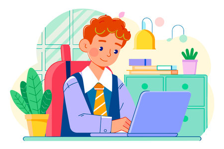 Young businessman working on laptop at home office. Freelance, remote work, self-isolation concept. Vector illustration in flat styleのイラスト素材