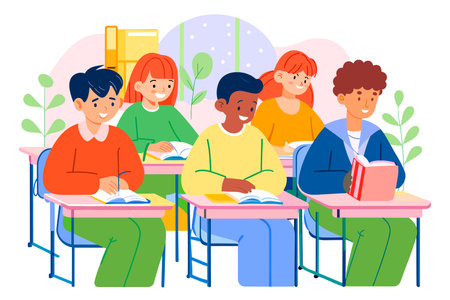 Group of students sitting at desks and learning. Vector illustration in flat styleのイラスト素材
