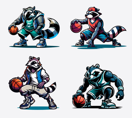 Set of cartoon vector illustrations of a raccoon playing basketball with ballのイラスト素材