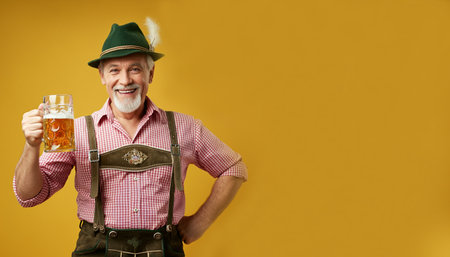 Happy senior man in traditional Bavarian clothes with beer on yellow backgroundの素材