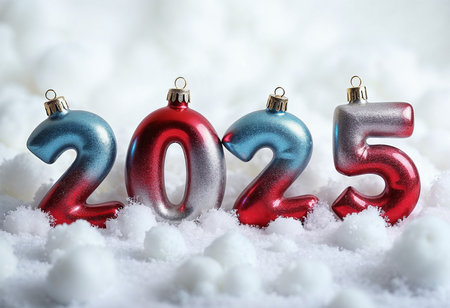Happy New Year 2025. Christmas greeting card with numbers on snow backgroundの素材