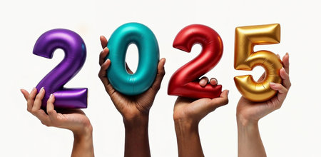 Hands holding the year 2025 balloons, isolated on a white backgroundの素材